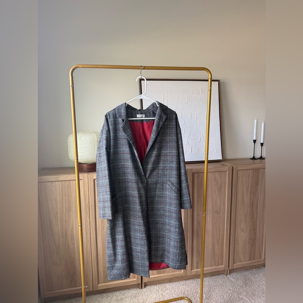 Oversized Gray Plaid Long Coat with Red Lining